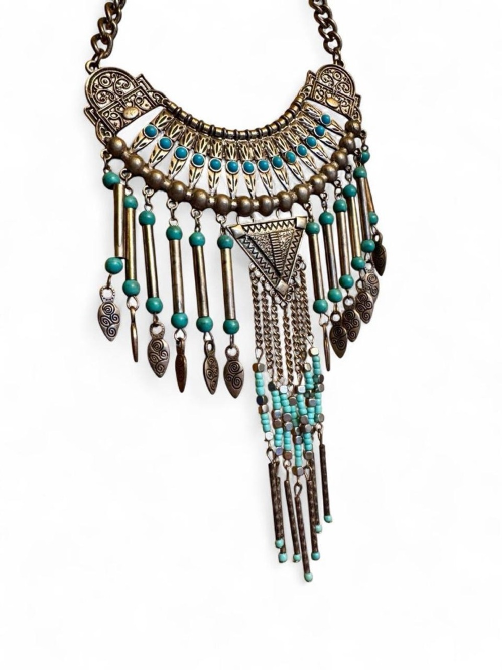 Turquoise Fringe Statement Necklace - Boho Tribal Style